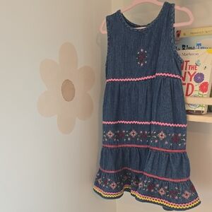 Vintage Embroidered Denim Girls Dress with Pink Floral Accents Size 2